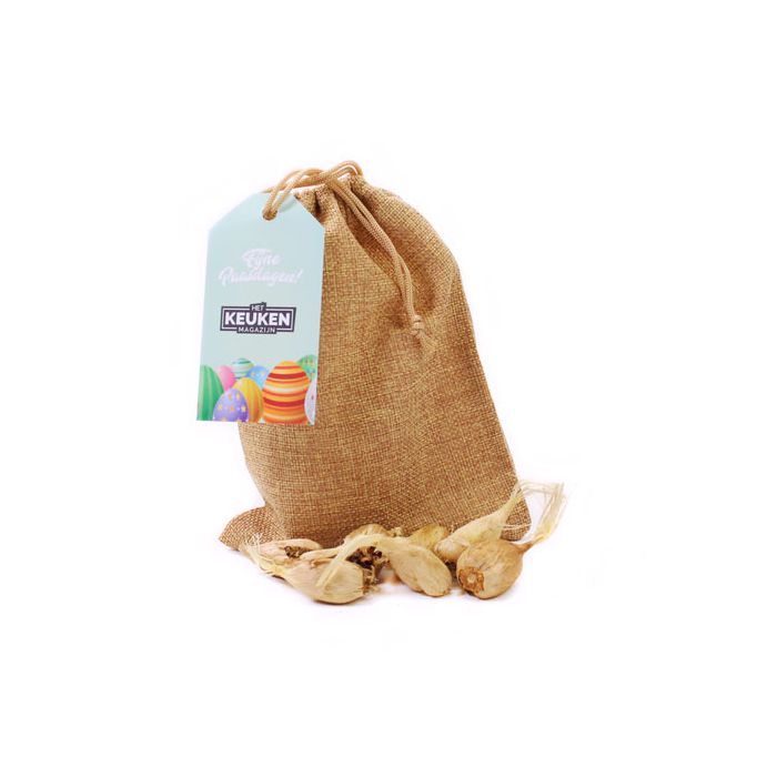 Jute grote zak met bloembollen pasen