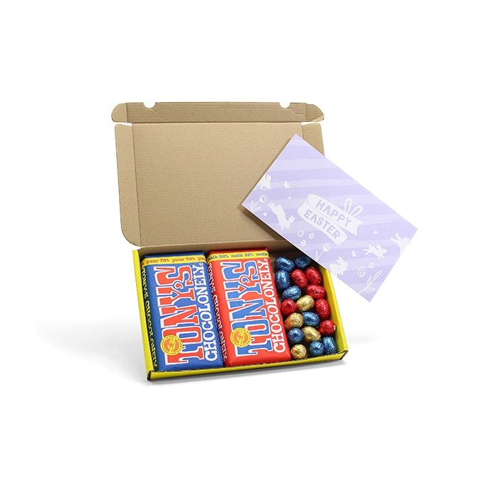 Twee Tony Chocolonely repen met paaseitjes in verzenddoos